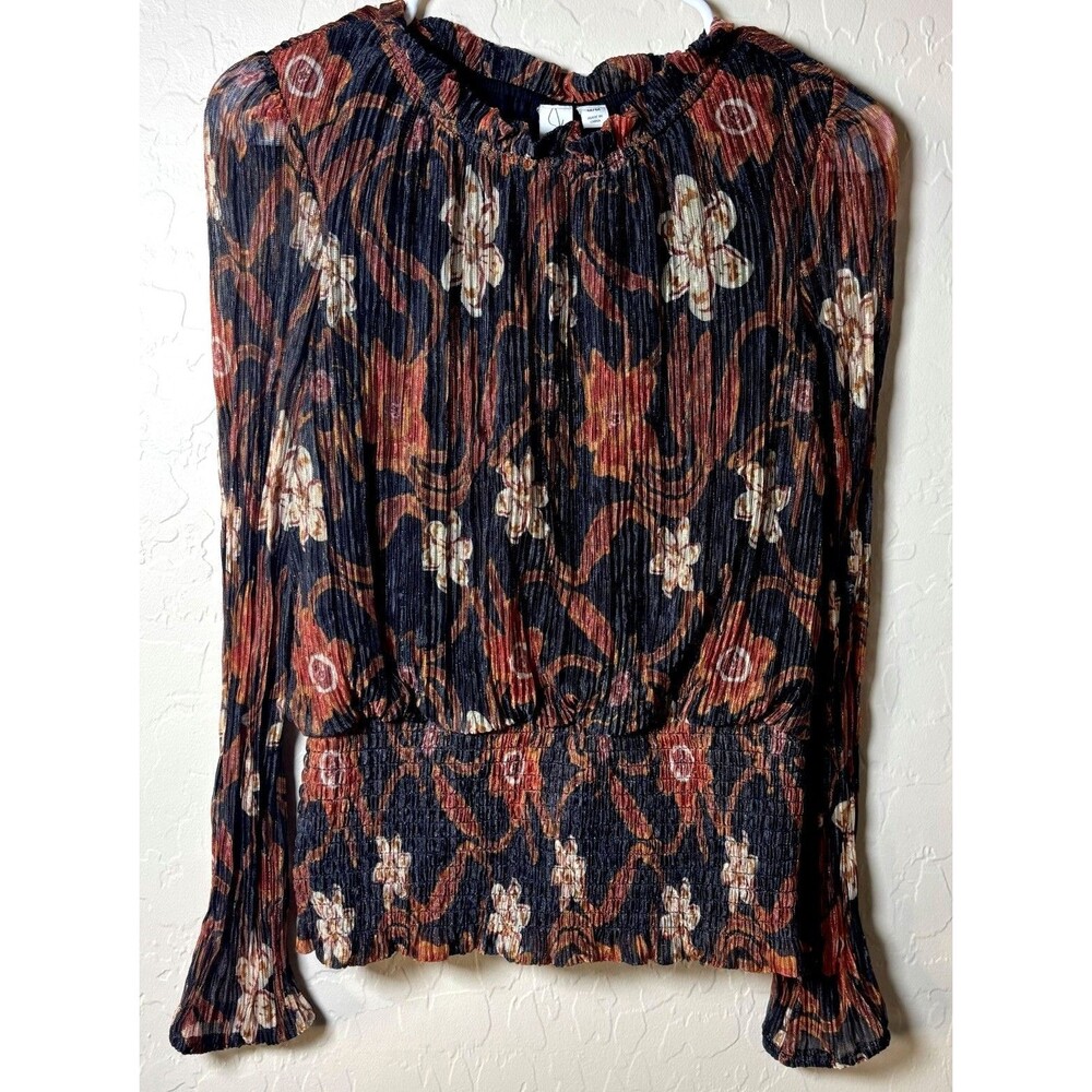 Joie Womens M Black Floral Metallic Plisse Blouse Smocked Mock Neck Boho